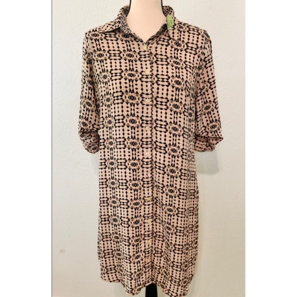 CAbi Brown and Tan Geometric Pattern Collared 3/4 Sleeve Shirt Dress, M